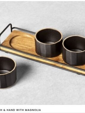 Hearth And Hand 2019 Stoneware Bowl Set Acacia Wood Condiment Caddy